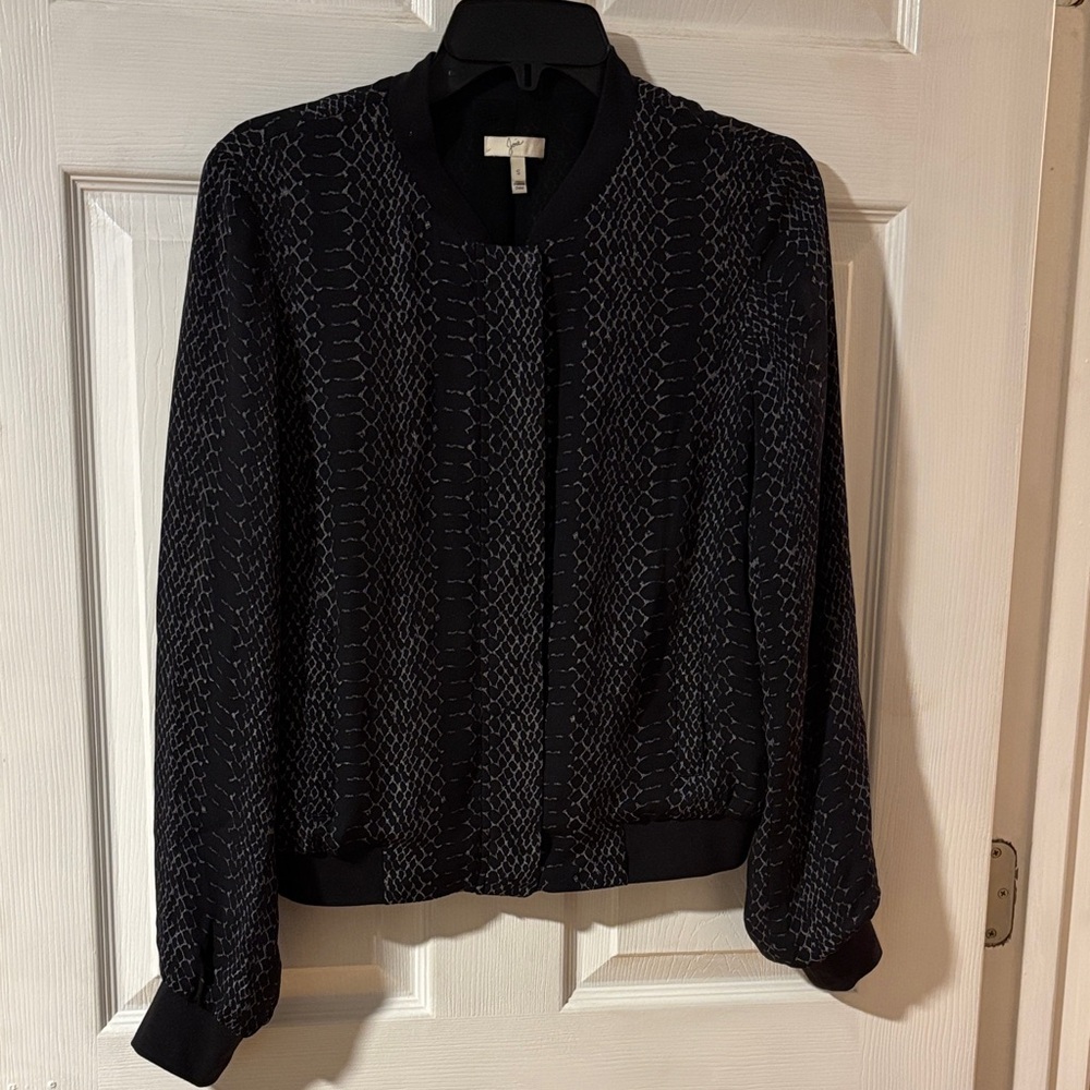 Joie 100% Silk Black and Gray Snakeskin Patterned Full Zip Bomber Jacket S